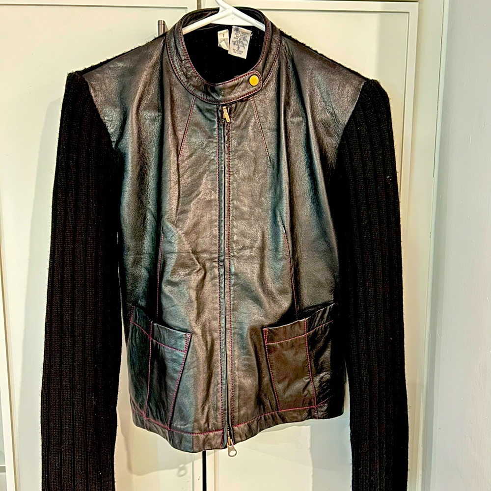 Vintage Twiggy Black Leather/Wool Bomber/Biker Jacket Sz. Small Red stitching